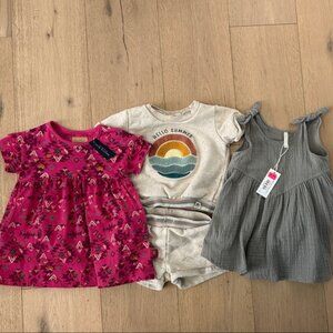 Set of 3 - 12-18 mPink Floral Dress, 2T Graphic Tee Set, and 18-24 Sage Dress